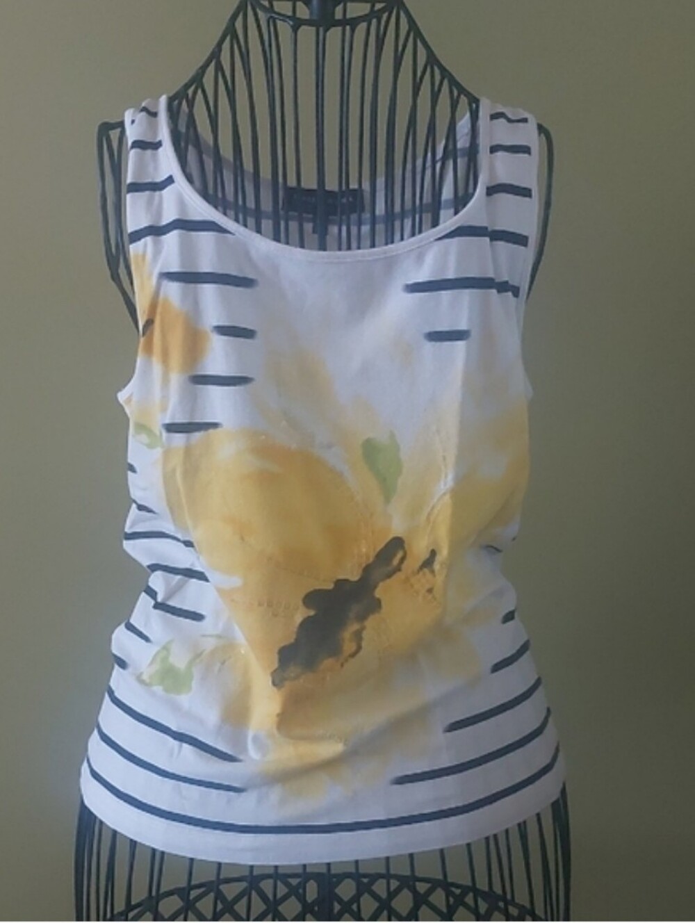 Jones New York White Tank Top with Navy Stripes and Yellow Floral